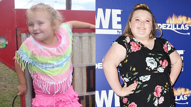 Pumpkin (Lauryn Shannon) from Here Comes Honey Boo Boo in a side-by-side image showing her as a child and as an adult at