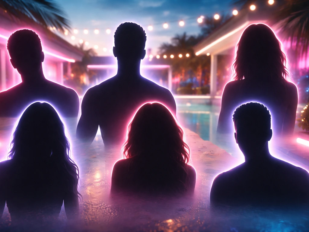 Minimal neon-lit villa scene with six anonymous silhouette badges suggesting Love Island Season 6 cast.