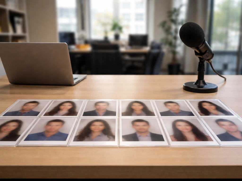 Minimal office scene with a lineup of casting headshots printed on blurred paper sleeves, suggesting a complete cast ros