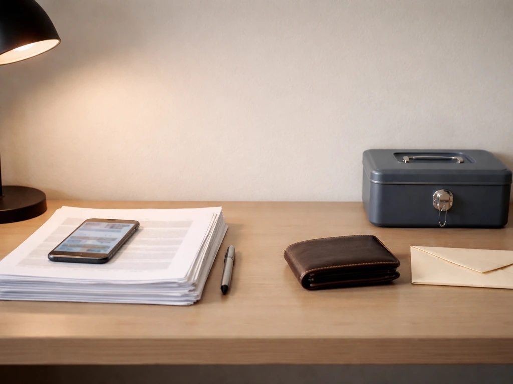 Minimal desk scene contrasting public documents and phone with a locked wallet and sealed envelope.