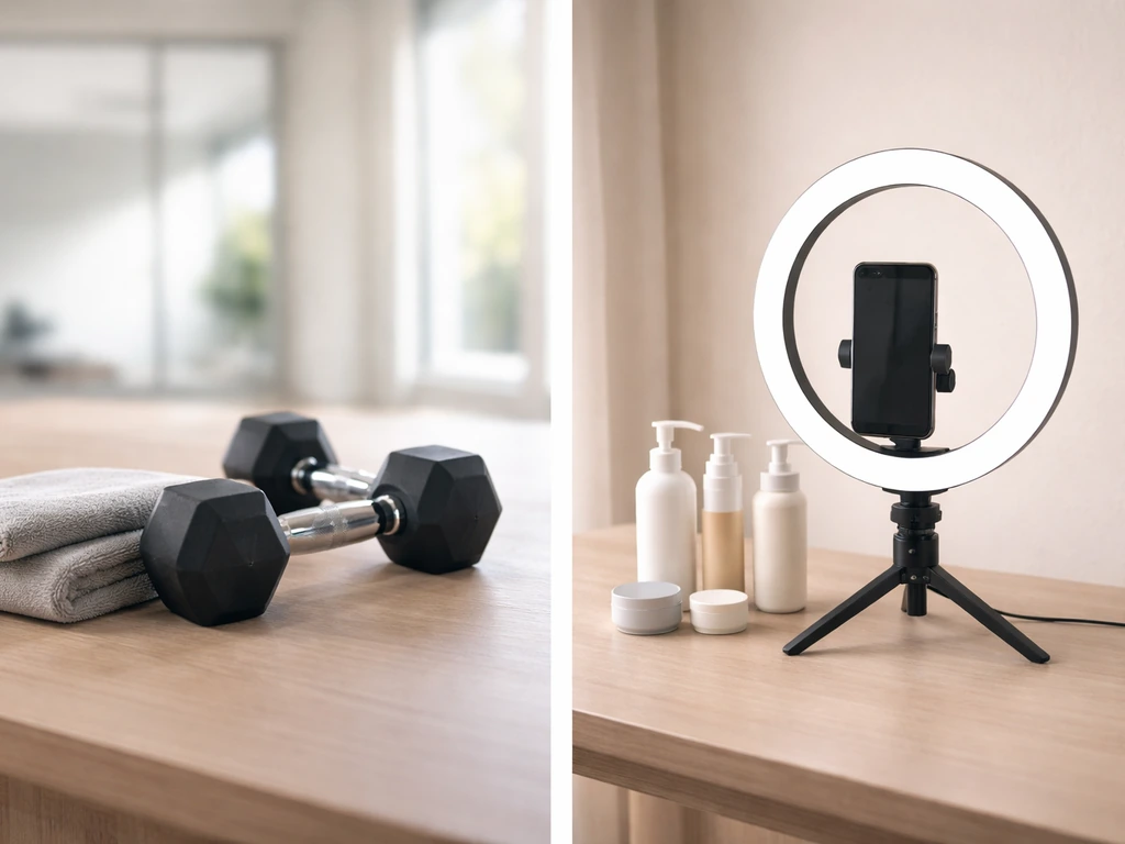 Split-screen photo showing pre-show fitness modeling vibe versus post-show influencer filming setup.