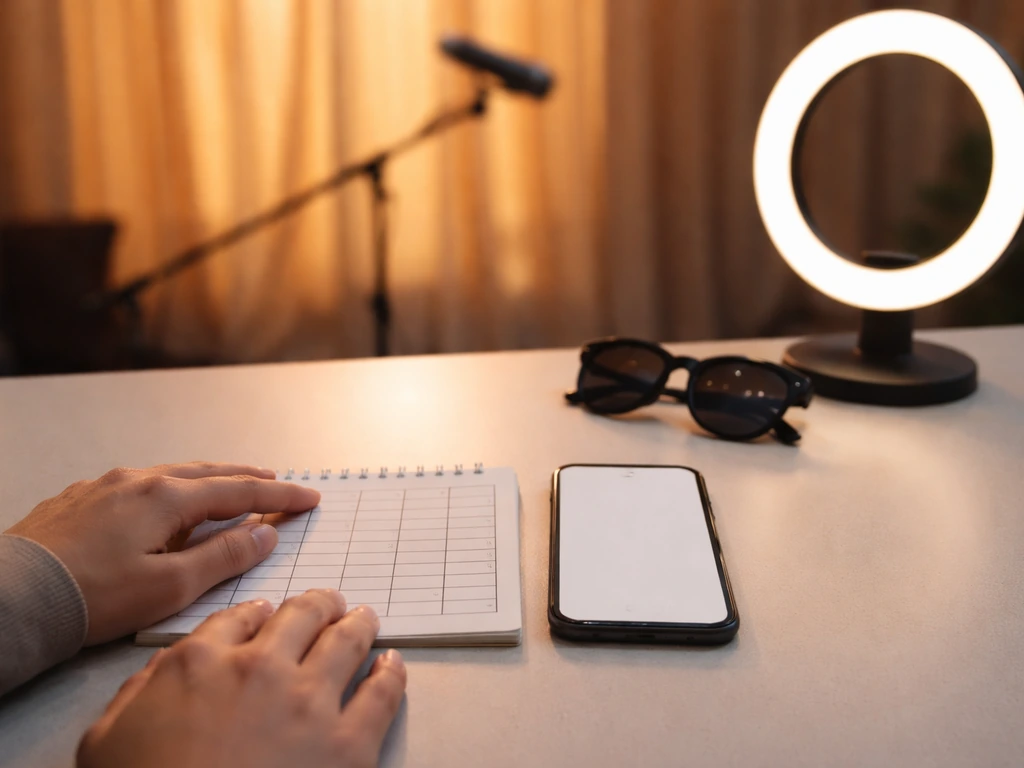 Minimal desk scene with a blank calendar, phone, and filming tools suggesting weekly stipends and post-show income.
