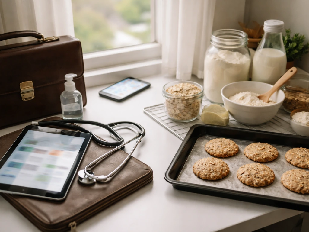 Minimal desk scene showing medical sales tools beside vegan baking ingredients and a smartphone.