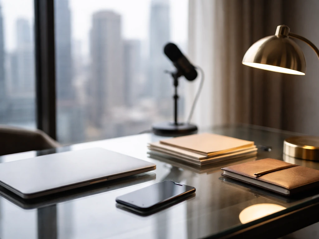 Minimal media-and-finance desk scene with documents and a phone, symbolizing net-worth research.