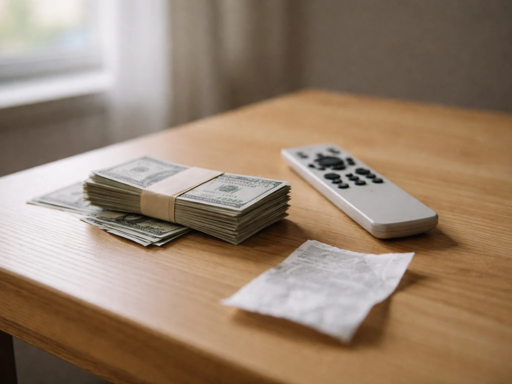 Minimal photo of cash and a TV remote on a desk, symbolizing reality TV payments and wealth.