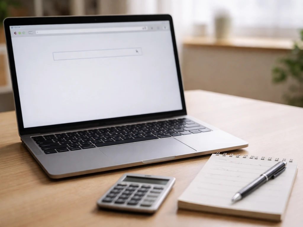 Close-up of a laptop showing a blank search bar style web page, with a notebook and calculator for verifying records.