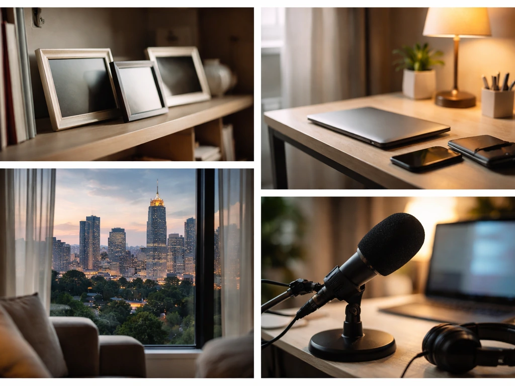 Minimal collage of home office, wallet, podcast mic, and Atlanta skyline symbolizing media and family net worth.