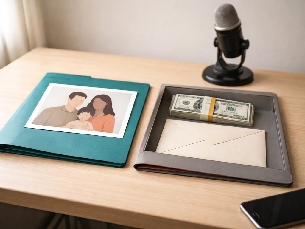 Two side-by-side folders on a desk with cash and media items, symbolizing different “parents” people mean.