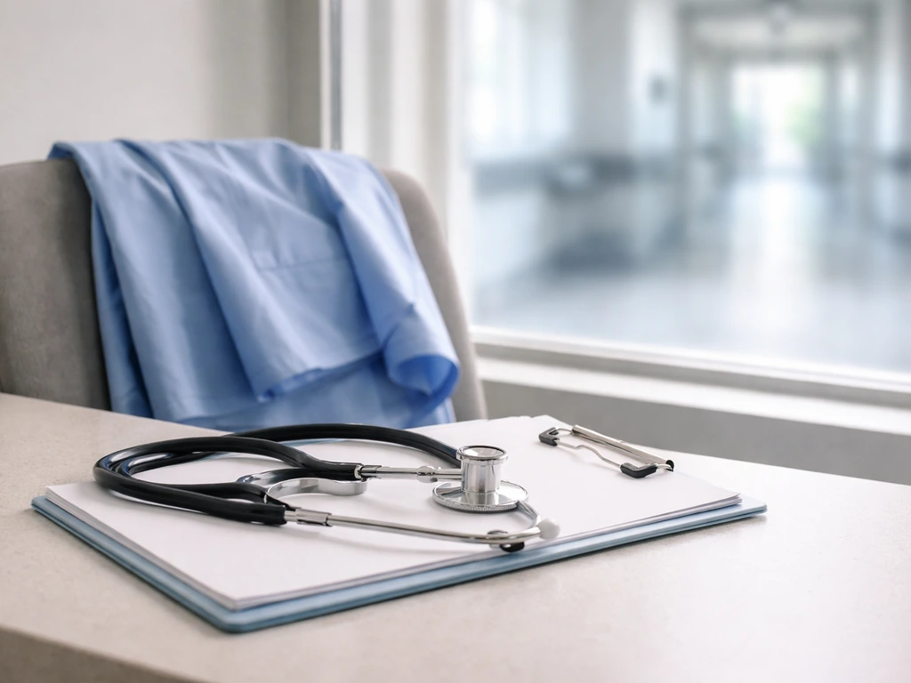 Light-blue scrubs and a stethoscope on a clean clipboard in a quiet hospital-style setting