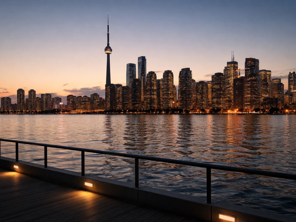 Warm Toronto skyline at dusk with boutique-lit buildings, symbolizing wealth and media earnings.