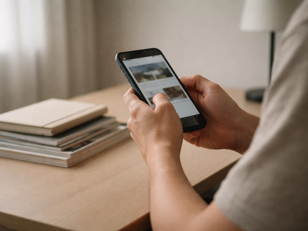 Anonymous fan browsing on a smartphone beside glossy magazines and a notebook, suggesting net-worth research.