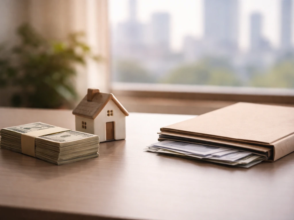 Minimal office desk scene with money and property symbols, illustrating assets minus liabilities concept.