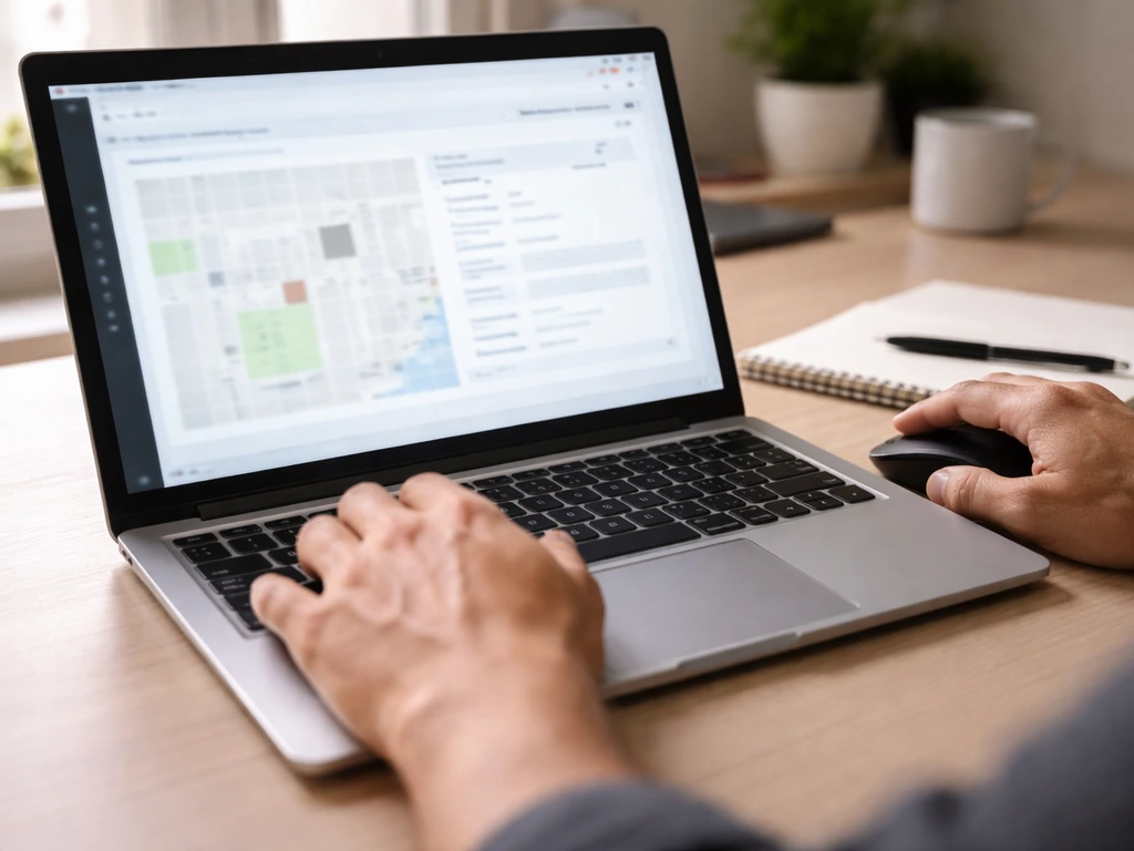 Closeup of hands typing on a laptop verifying property records from a public database search workflow