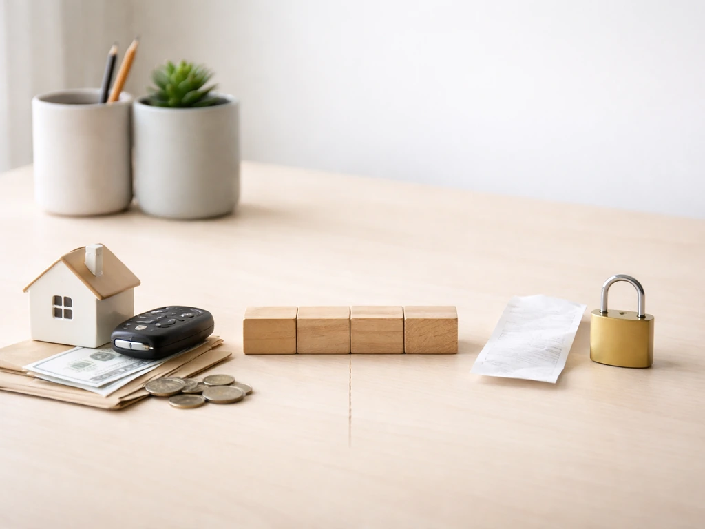 Minimal desk scene with money envelopes and a calculator next to a split-view style set of estimate objects