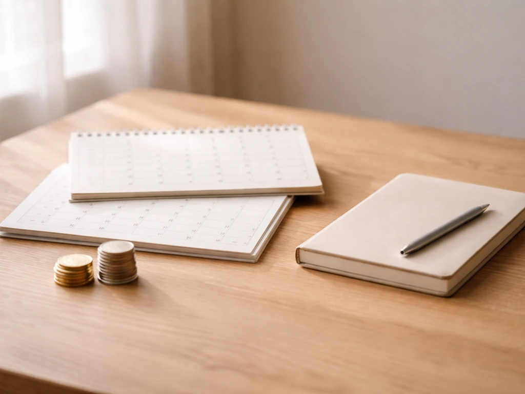 Minimal desk scene with seasonal calendar pages and scattered coins, suggesting money breakdown
