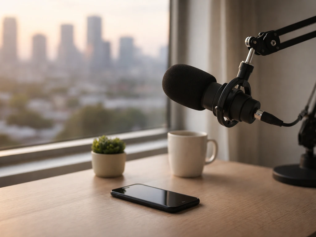 Close-up of a podcast microphone and smartphone on a studio desk near a window skyline.
