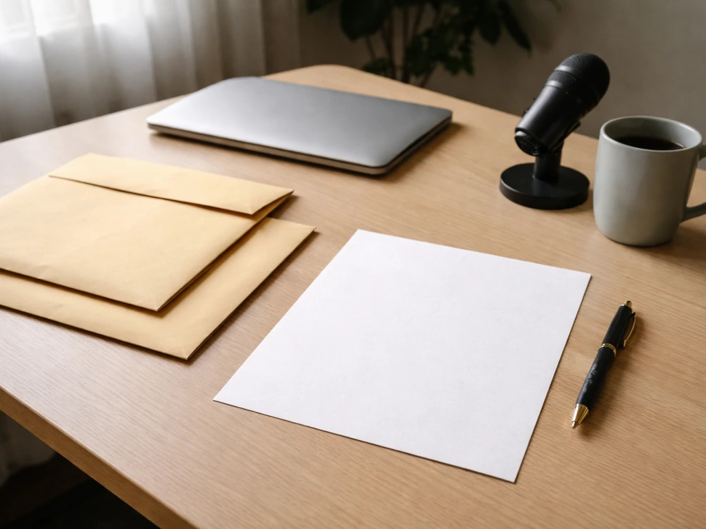 Minimal office desk scene with a single spreadsheet page and two sealed envelopes symbolizing high vs low estimates